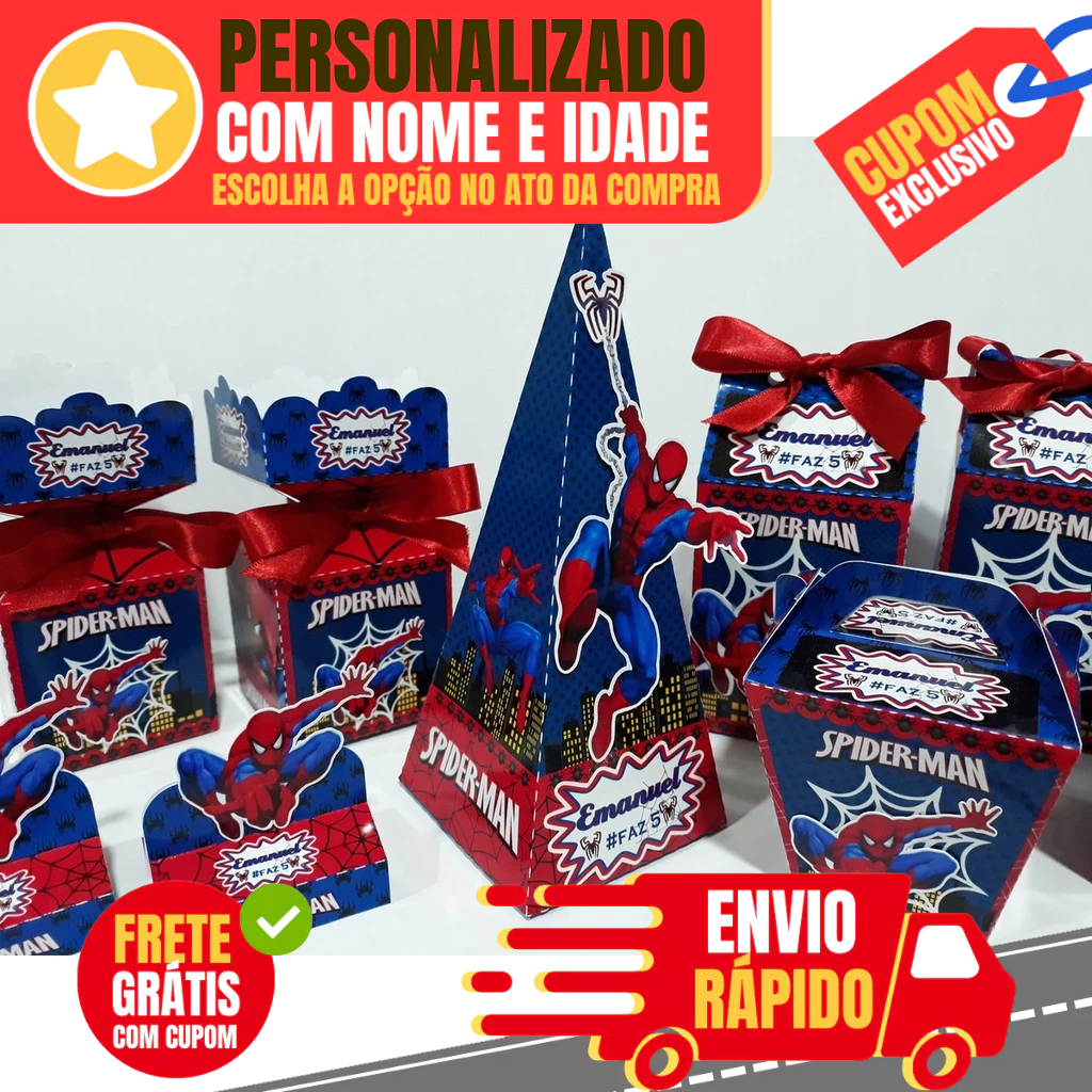 Kit de Lembrancinhas Personalizadas com 100 Itens TEMA: Homem Aranha - Envio Rápido