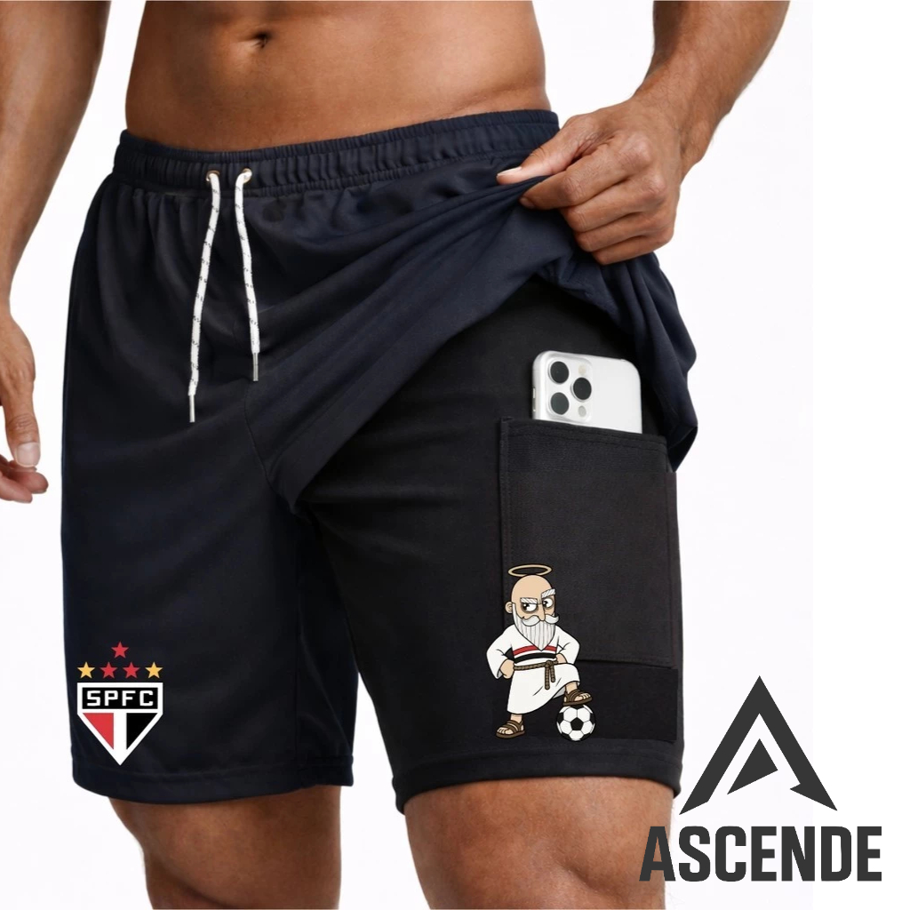 Bermuda Compressão 2 em 1 SANTINHO 01 Masculina Dry Fit + Elastano Leve para Academia Corridas