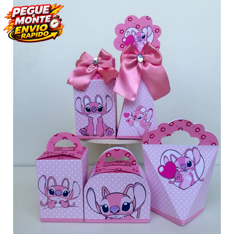 Personalizados Angel Stitch Rosa Pegue e Monte Kit Festa Lembrancinha Caixinha (Informar Nome e Idade no Chat)
