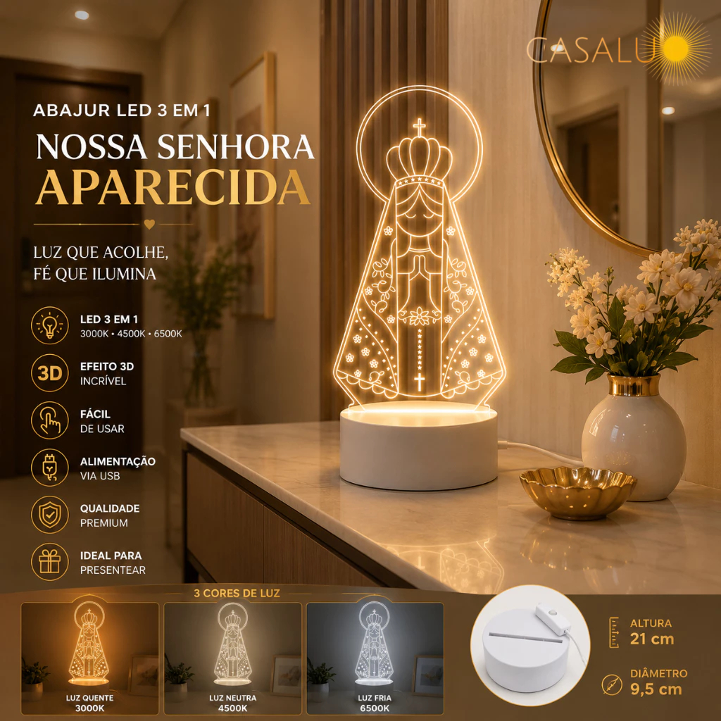 Luminária de Mesa LED Nossa Senhora Aparecida com Design 3D em Acrílico 3 Em 1 Luz Noturno