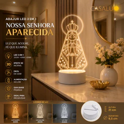 Luminária de Mesa LED Nossa Senhora Aparecida com Design 3D em Acrílico 3 Em 1 Luz Noturno