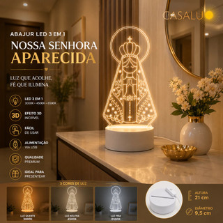 Luminária de Mesa LED Nossa Senhora Aparecida com Design 3D em Acrílico 3 Em 1 Luz Noturno
