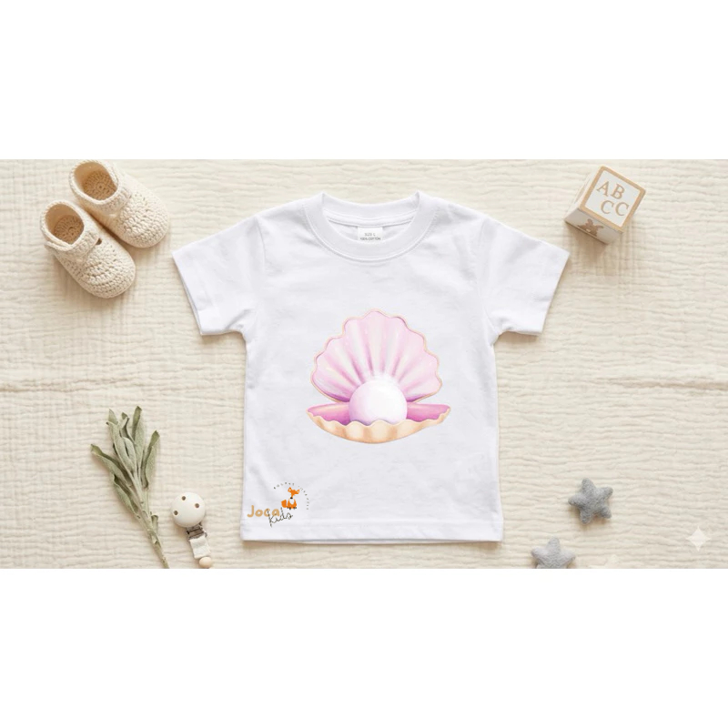Camiseta Infantil Pérola Do Mar Roupa De Criança Concha Menina Algodão Blusa Estampada