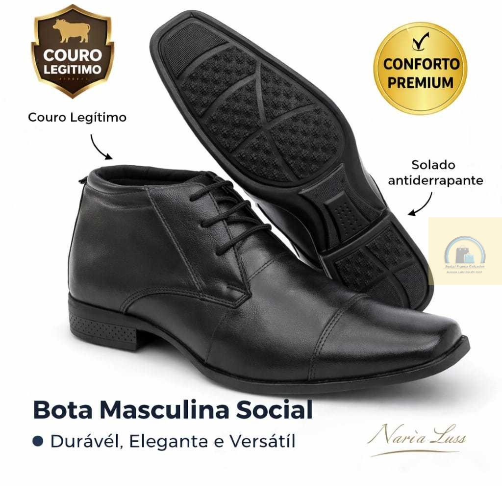 Sapato Social Masculino Cano alto  Couro Legítimo Sport Fino Palmilha Confort Bico Alongado Italiano