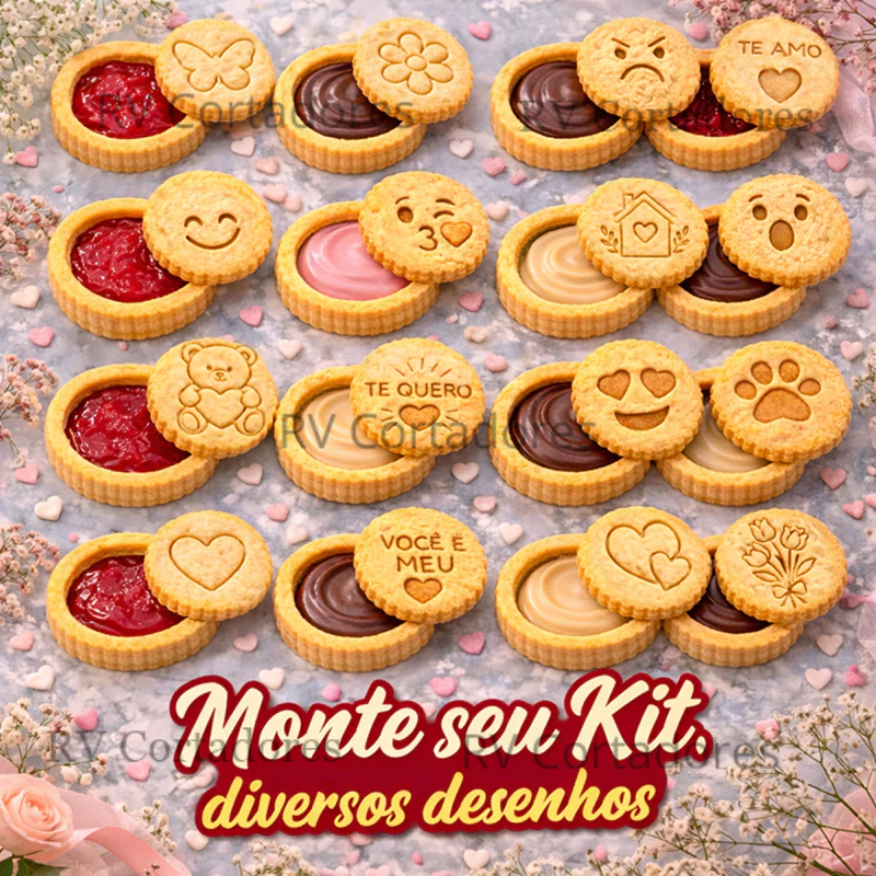 Cortador e Marcador Bisconut Recheado Kit Diversos de 5cm Confeitaria Pasta Geleia Bolacha Biscoito