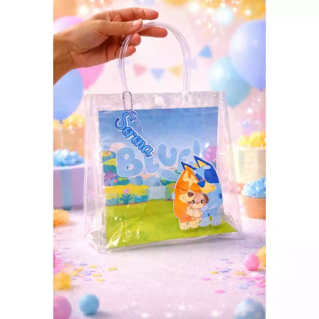 FUNDO PARA SACOLINHA PVC TRANSPARENTE+ TAGS +APLIQUE 3D/ DECORAÇÃO BLUEY/LEMBRANCINHAS BLUEY/ FUNDO SACOLINHA PVC