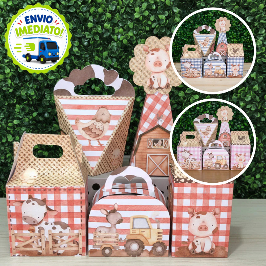 Kit 20/40/60 Caixinhas Fazendinha - Lembrancinha Aniversário Infantil (Pegue e Monte)