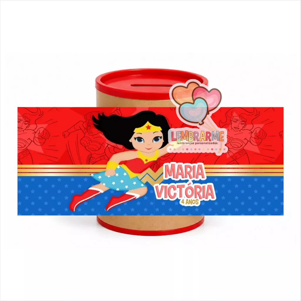 Kit Rótulo Cofrinho Personalizado Mulher Maravilha para Lembrancinha de Aniversário