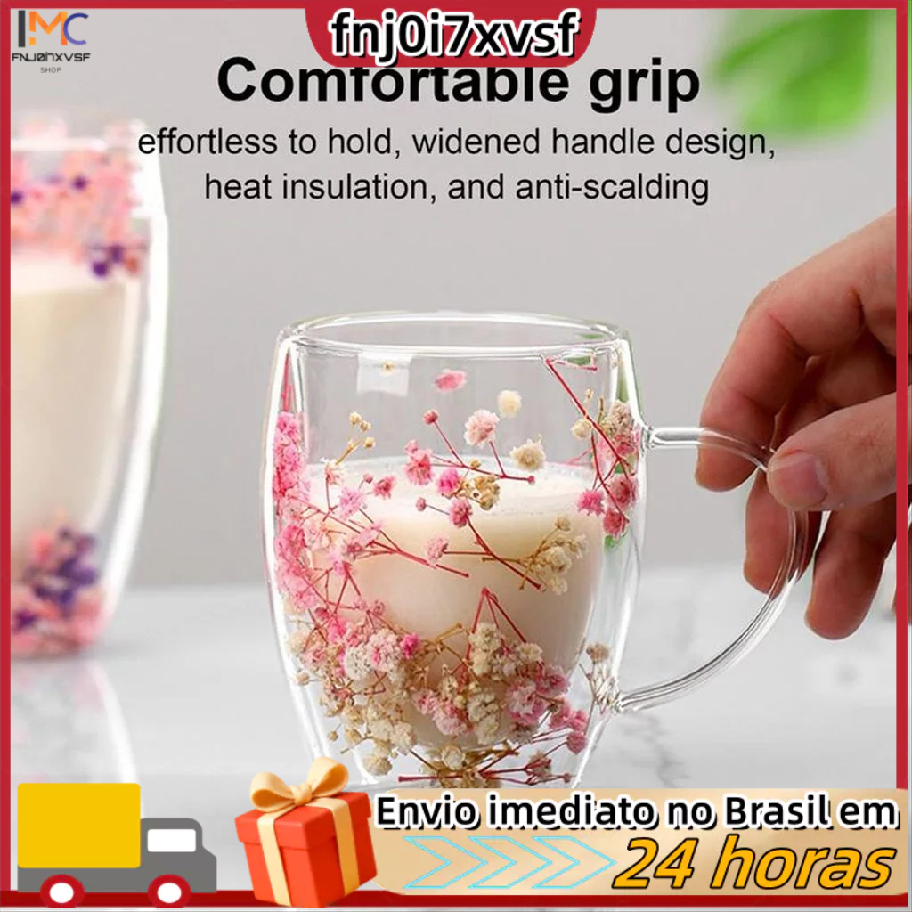 Copo de vidro duplo com flores naturais da Creatives, acabamento impecável, 350ml, ideal para leite e café.