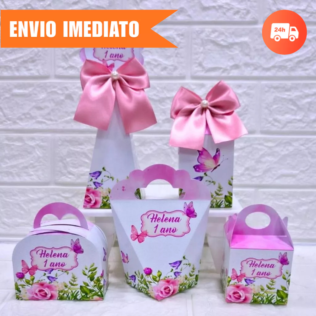 Kit Festa JARDIM DAS BORBOLETAS ROSA Personalizada Lembrancinhas Caixinhas Aniversário PEGUE E MONTE