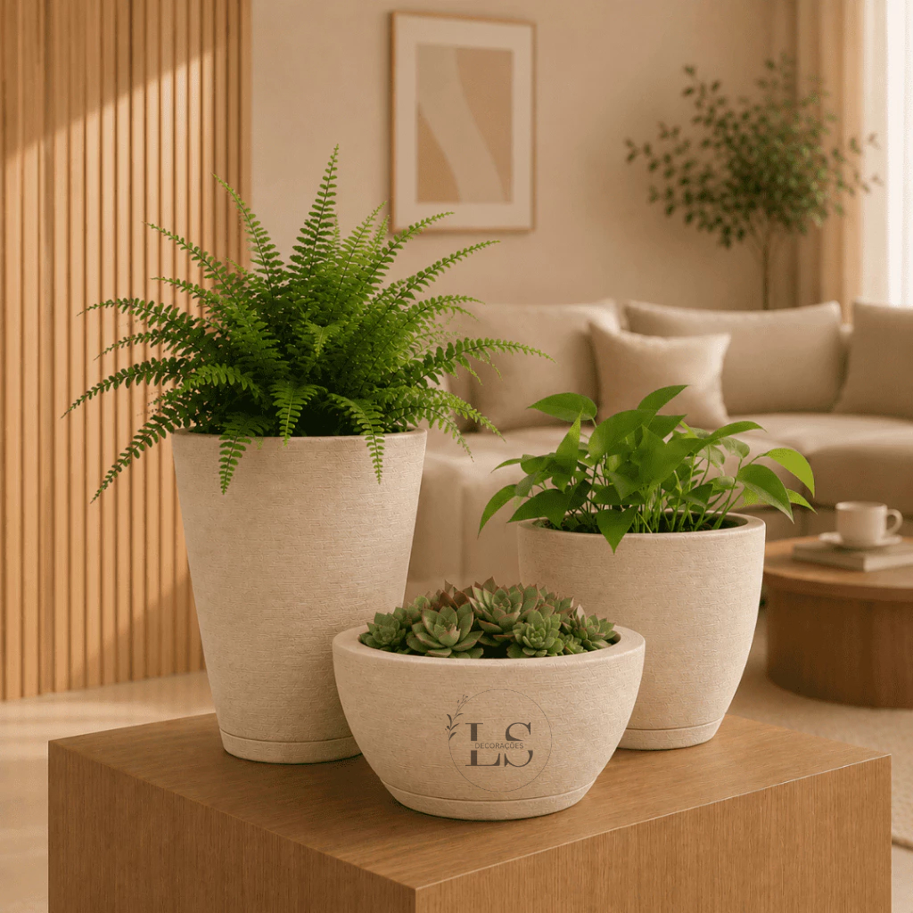Kit 3 Vasos De Planta Polietileno Escovado Com Prato Para Mesa Sala Flores Decoração Casa