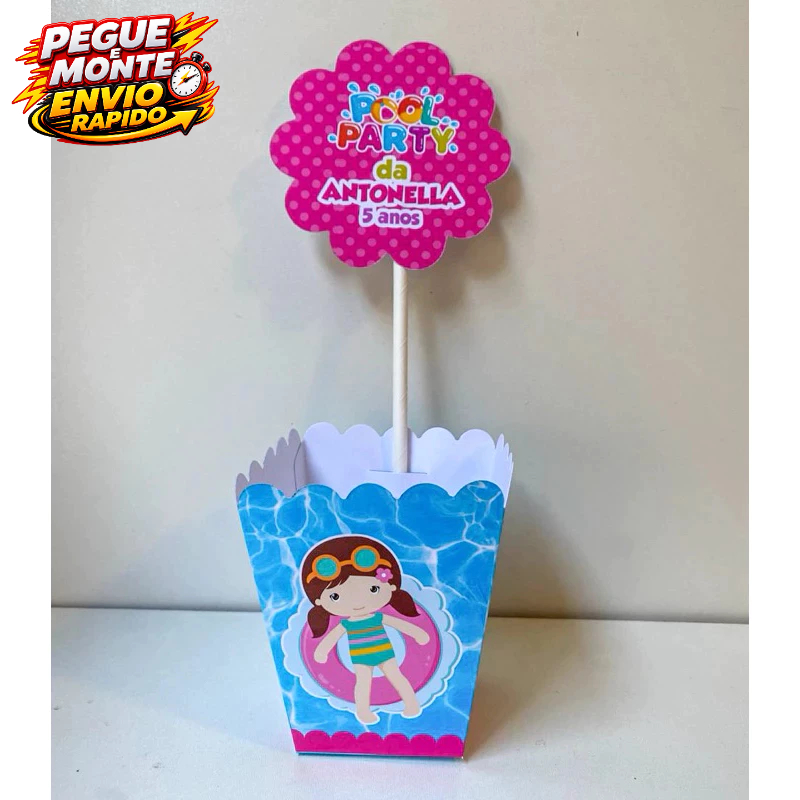Centro de mesa Pool Party Menina Cachepo Personalizado Enfeite de mesa festa infantil Caixinha Lembrancinha