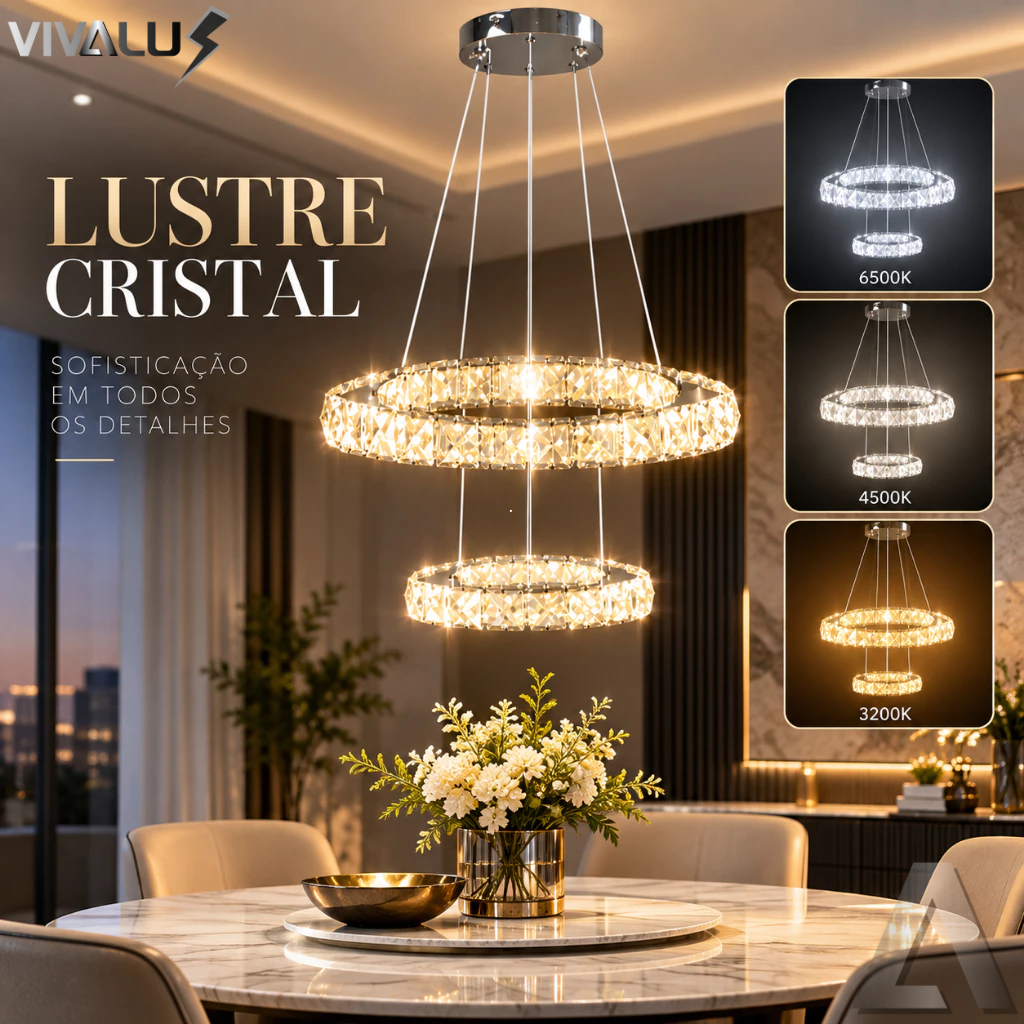 Lustre de Cristal Moderno LED Anéis Suspensos Duplos Sala Jantar Luxo Pendente Cristal 3 Cores Em 1