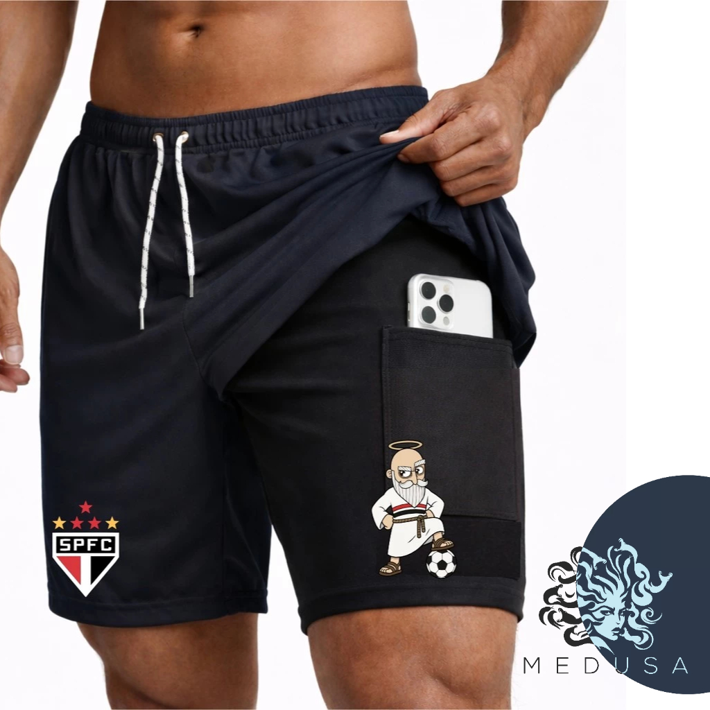 Bermuda Short Compressão 2 em 1 SANTINHO 01 Masculina Dry Fit + Elastano Leve para Academia Corridas