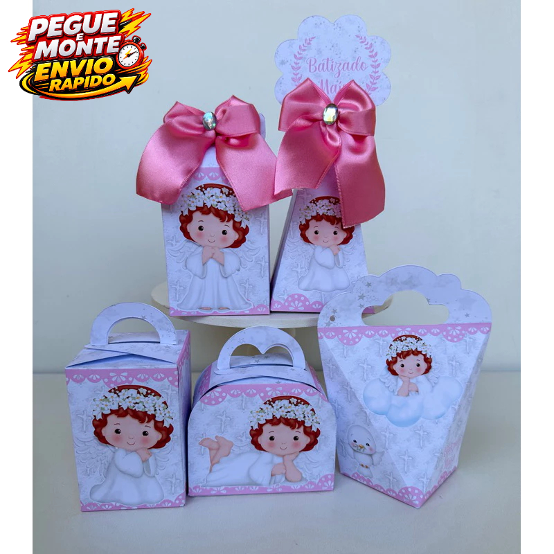 Kit Personalizados Batizado Menina Branco e Rosa Pegue e Monte Caixinha Lembrancinhas(Informe Nome e Idade pelo Chat)