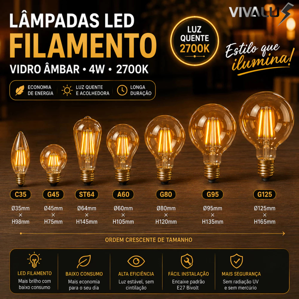 Lâmpada Filamento de Led 4W Vidro Âmbar 2700K Bivolt ST64 A60 G80 G95 G125