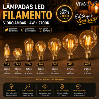 Lâmpada Filamento de Led 4W Vidro Âmbar 2700K Bivolt ST64 A60 G80 G95 G125