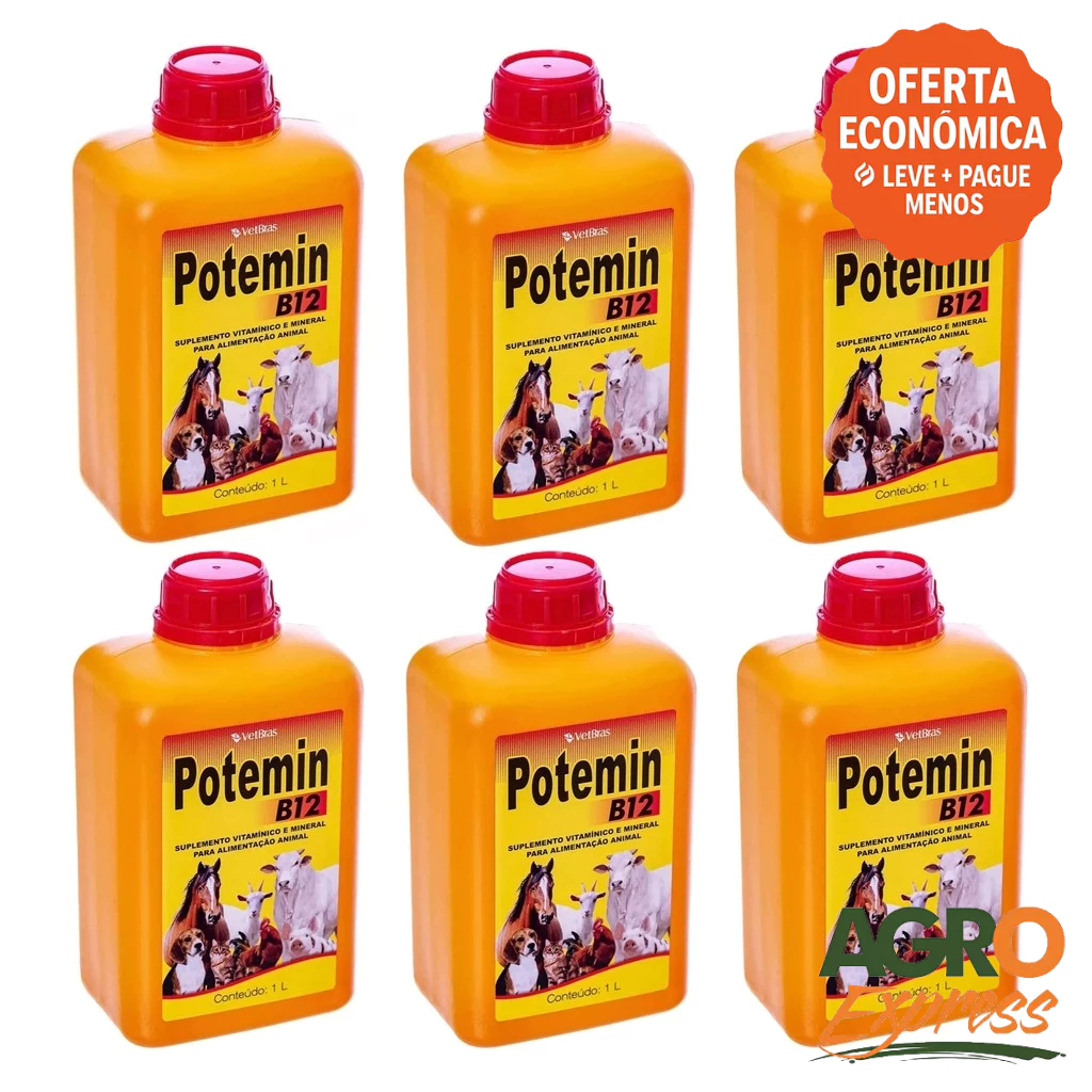 Kit 6 Potemin B12 1L Suplemento Vitaminico e Mineral Fortalece Postura e Imunidade - VetBras