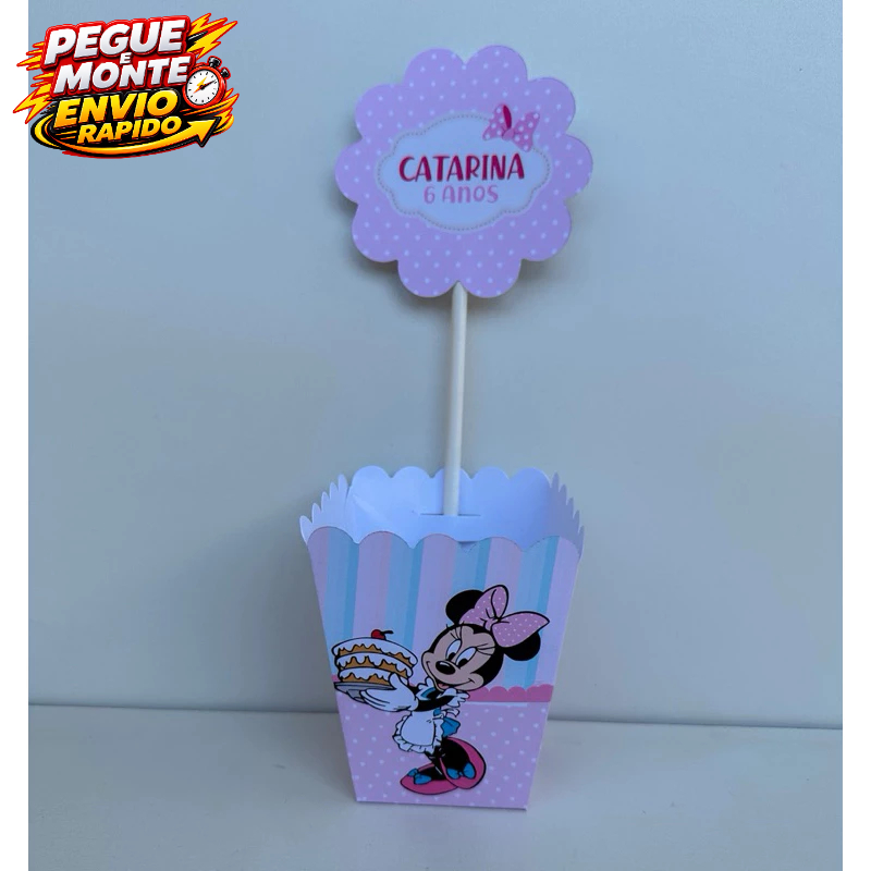 Centro de mesa Minnie Confeiteira Rosa Cachepo Personalizado Enfeite de mesa festa infantil Caixinha Lembrancinha