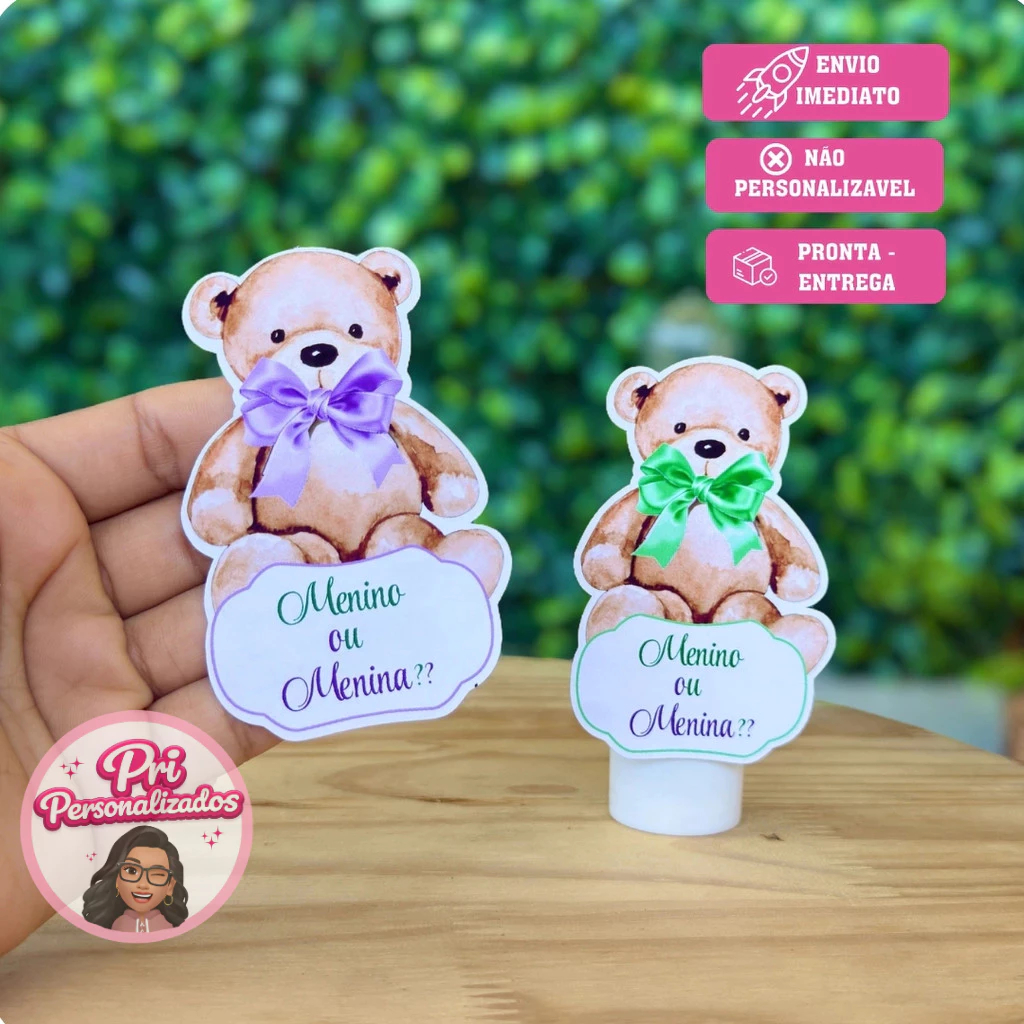 Apliques Para Tubetes  Ursinho Verde e Lilás Chá Revelação Tags Lembrancinhas Aniversário