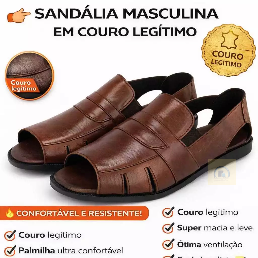 Sandália Masculino Em Couro Legitimo Conforto Leve Granado Conhaque - Marrom e Preto