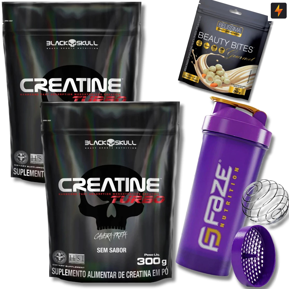 Kit 2x Creatina Turbo Refil 300g Black Skull + Beauty Bites 30g + Coqueteleira