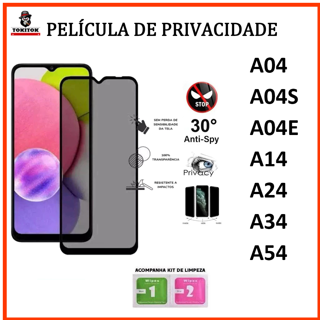 Película Privacidade de Vidro Temperado 3D/9D para Samsung A04 A04S A04E A14 A24 A34 A54
