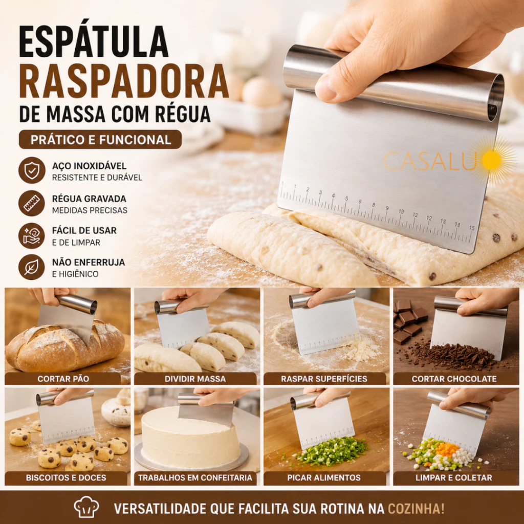 Raspador Em Inox Espátula Cortador De Massas Chocolates Pão Com Régua Medidas Marcação A Laser