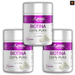 Kit 3x Biotina 100% Pura 60 Cápsulas Manutenção da Pele, Cabelo e Unha - Body Action
