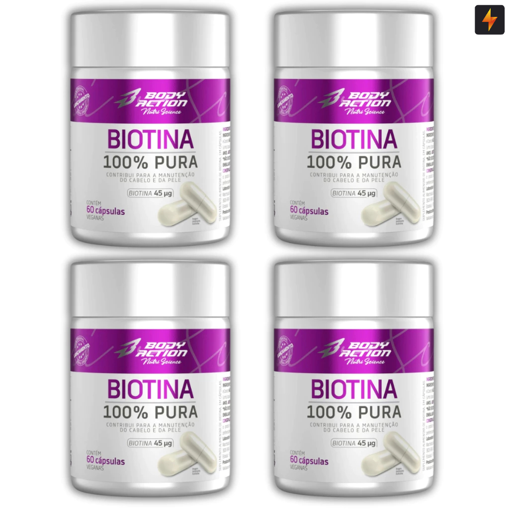 Kit 4x Biotina 100% Pura 60 Cápsulas Manutenção da Pele, Cabelo e Unha - Body Ac