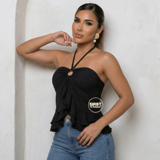 cropped top bata babado blusa alfaiataria tendência verão em Oferta na Shopee