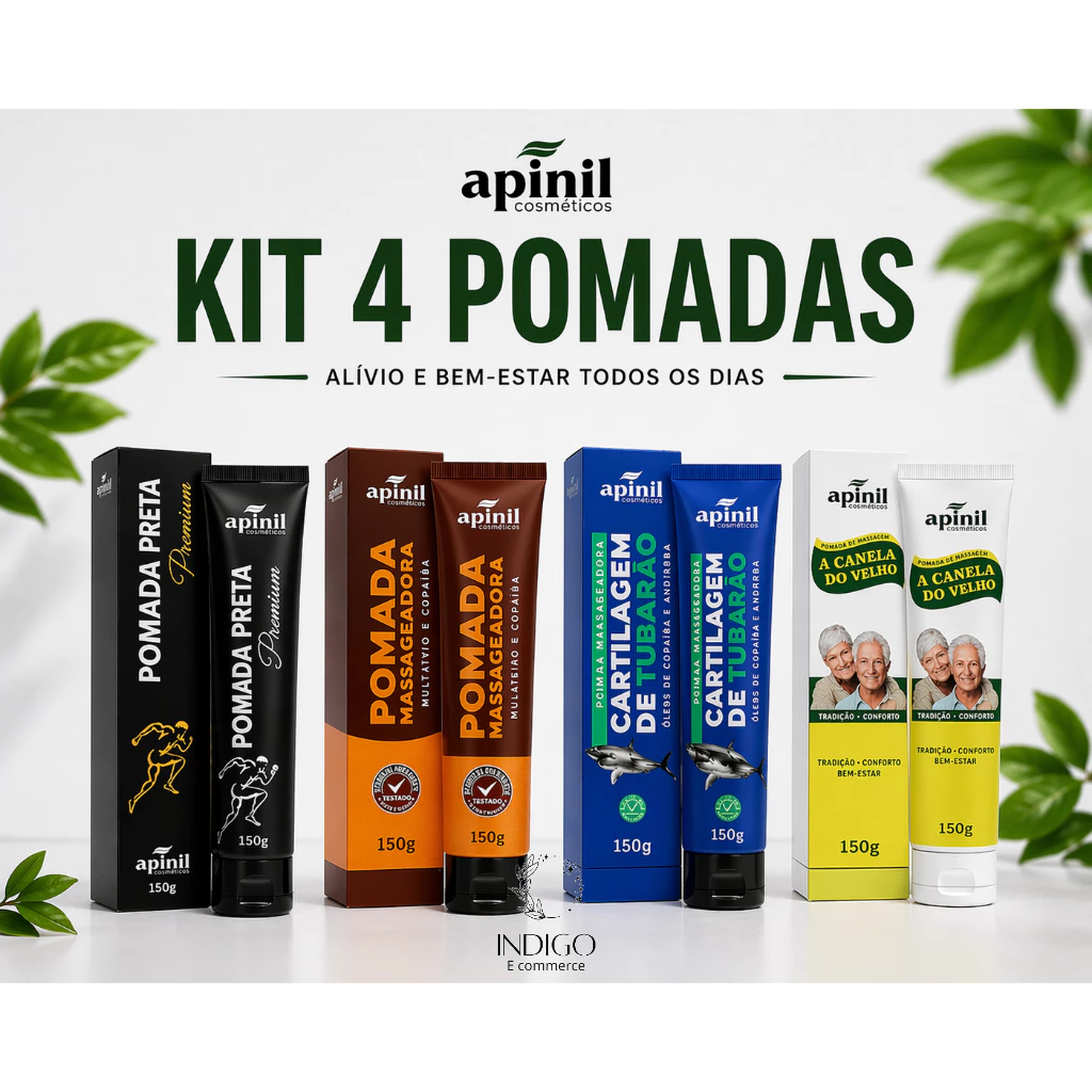 Kit 4un Pomada Massageadora 150g Pomada Preta Premium + Cartilagem de Tubarão + Mulateiro + Canela de Velho - APINIL