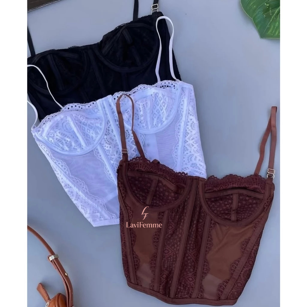 Cropped Corselet Com Renda Feminino Corset Alça Finas Regulagem Cropete sensual verão