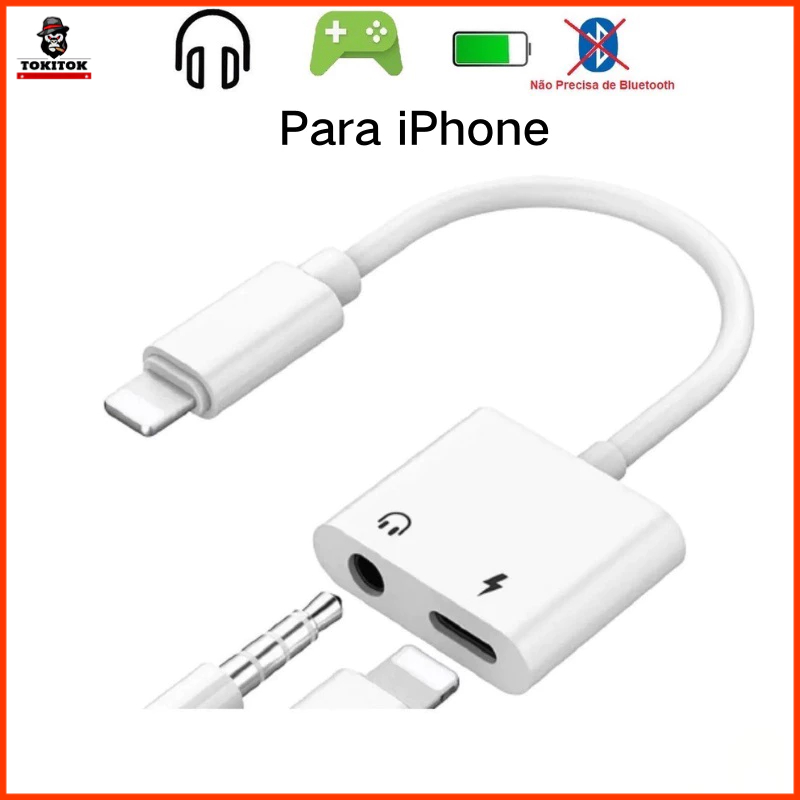 Cabo de Adaptador Lightning 2 em 1  Áudio + Carregamento Entrada P2 3.5mm para iPhone 7 8 Plus X Xs Xr 11 12 13 Pro MAX