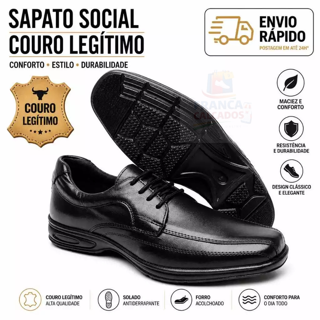 Sapato Social Masculino Couro Legitimo  Confortável Anatômico Solado com  Amortecedor