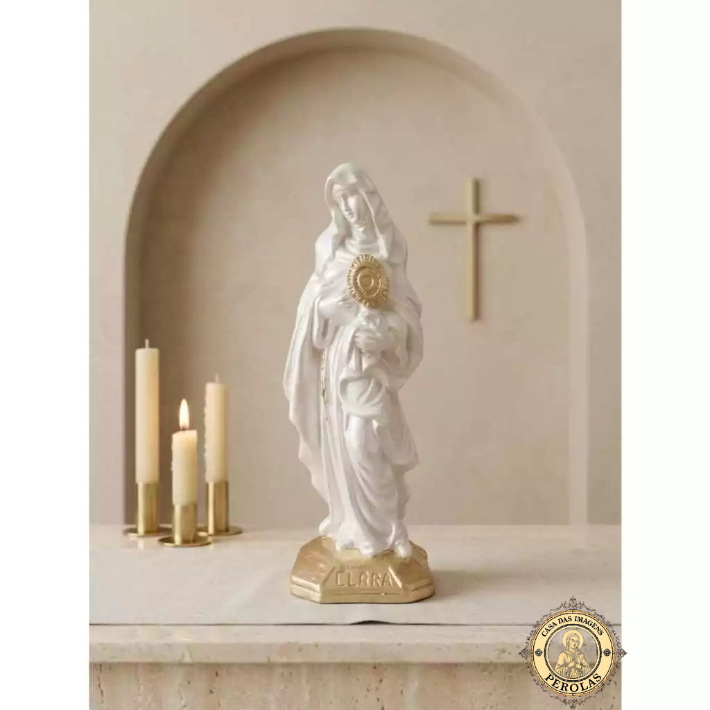 imagem santa clara de assis 20 cm gesso pintura perola e dourado presente de fé arte sacra decoração religiosa