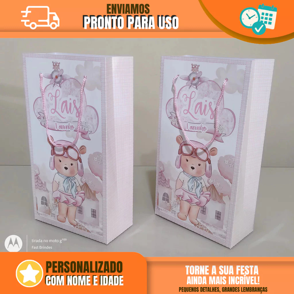 Sacolinha Personalizada para Festa Infantil - Lembrancinha -  Sacolinha Surpresa - Ursinha Aviadora