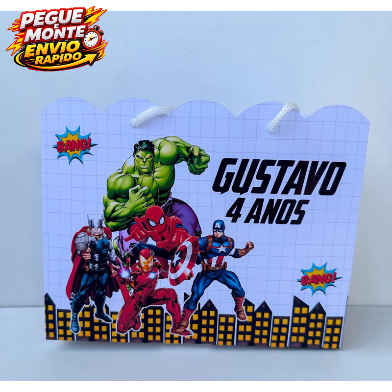 Sacolinha Personalizada Vingadores Heróis Hulk Homem Aranha Pegue e Monte Lembrancinha (Personalizado com nome e idade)