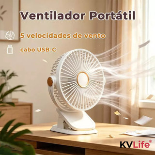 Ventilador de Mesa Portátil Recarregável 5 Velocidades com Luminária LED Mini Ventilador para Escritório Viagem