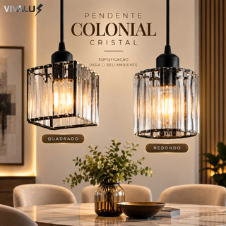 Luminária Pendente Retro Colonial Preto Com Cristal Bocal E27 2M Redondo Quadrado Para Lavabo Hall