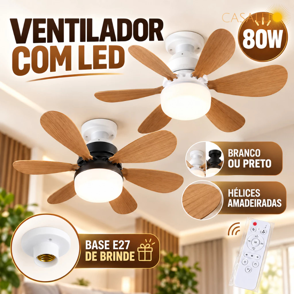 Ventilador de Teto com LED 80W Hélices Amadeiradas Base E27 Branco ou Preto Plafon Madeira LED 3 Em 1