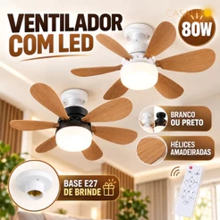 Ventilador de Teto com LED 80W Hélices Amadeiradas Base E27 Branco ou Preto Plafon Madeira LED 3 Em 1