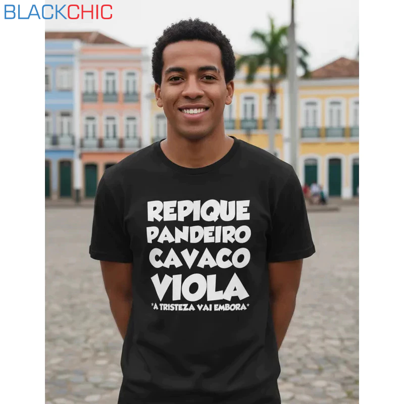Camiseta Masculina Samba Pagode Estampa Repique Pandeiro Cavaco Viola Algodão Manga Curta P M G GG