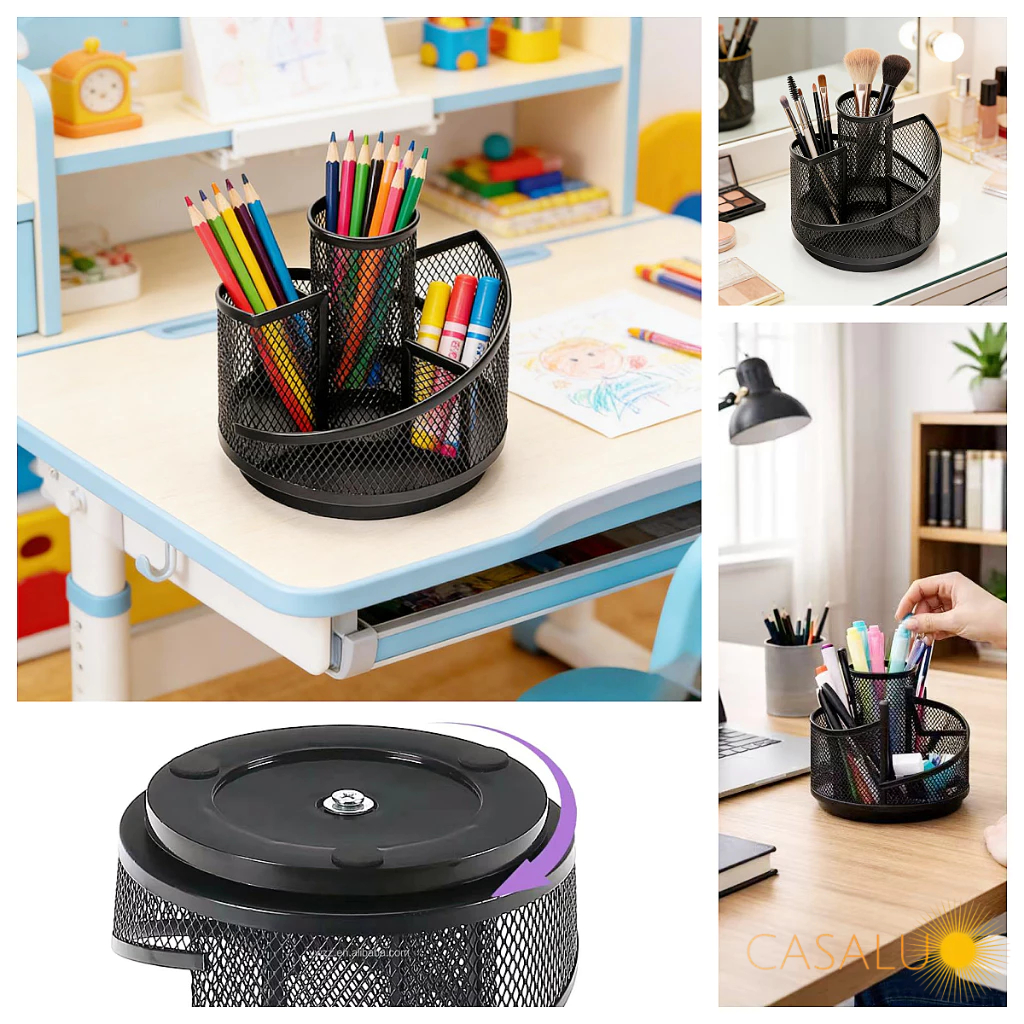 Organizador de Mesa Giratório Metal Aramado Para Escritório Divisões Porta Lapís Caneta Pincel Clips