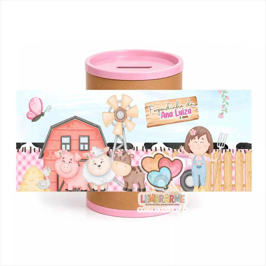 Kit Rótulo Cofrinho Personalizado Fazendinha Rosa para Lembrancinha de Aniversário