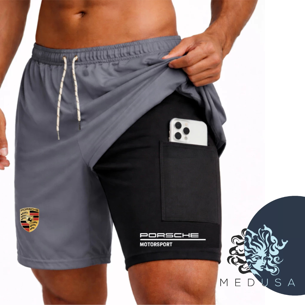 Bermuda Short De Compressão 2 Em 1 Dry Fit Com Elastano PORSCHE, Ideal Para Treinos, Academia