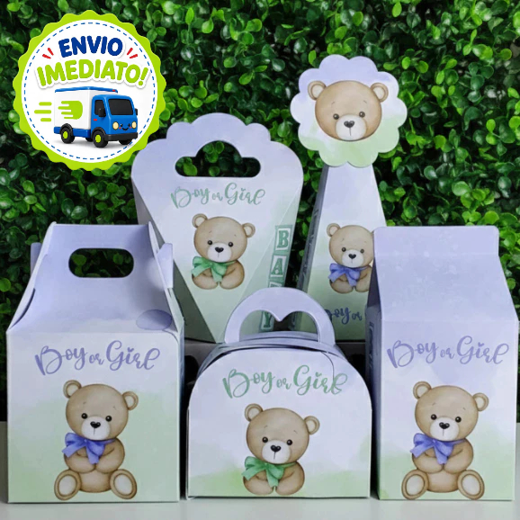 Kit 20/40/60 Caixinhas Ursinho Verde e Lilás - Lembrancinha para Chá Revelação (Pegue e Monte)
