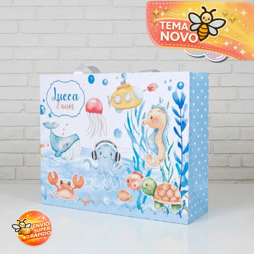 Sacolinha Personalizada tamanho G tema Fundo do mar menino, PEGUE E MONTE, com nome e idade em Oferta na Shopee