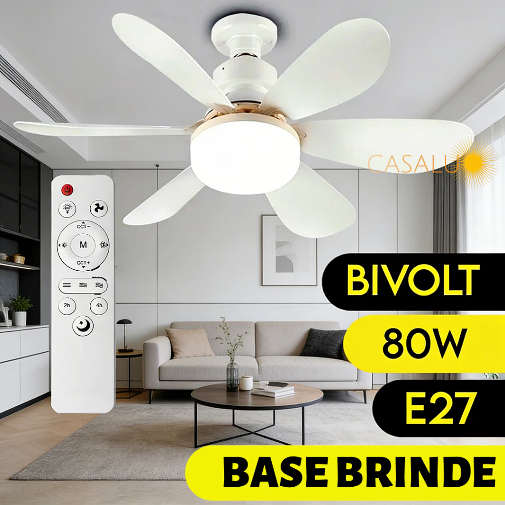 Ventilador Teto Com Luz 60W 80W Integrada Silencioso Branco 6 Pás Com Controle Remoto Com Base E27
