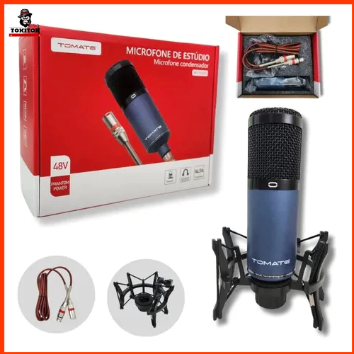 Microfone Condensador 48V para Podcast, Gravação e Live – Áudio Profissional com Tripé e Cabo